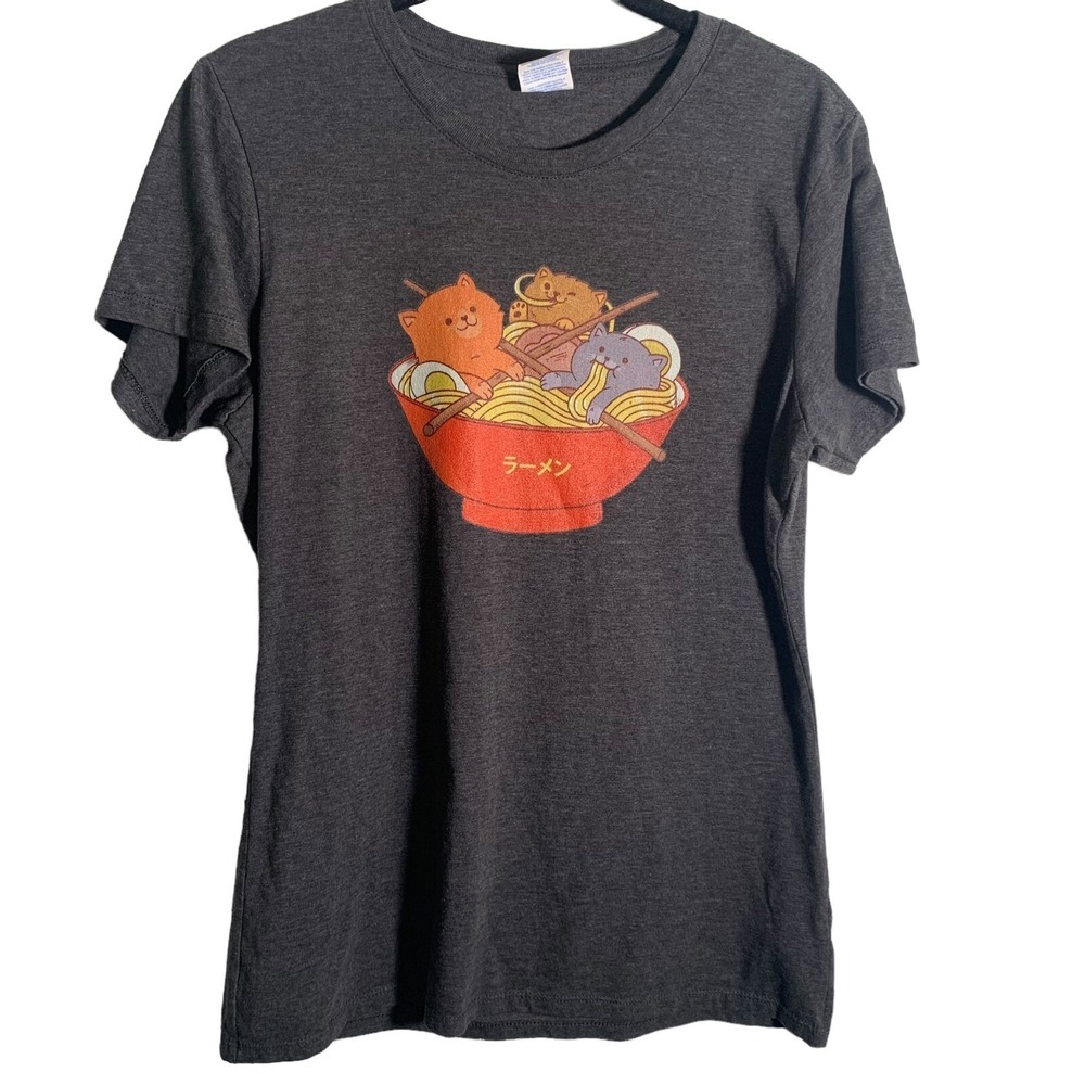 Port & Company Women's M cats eating ramen w/ chopsticks charcoal gray shirt